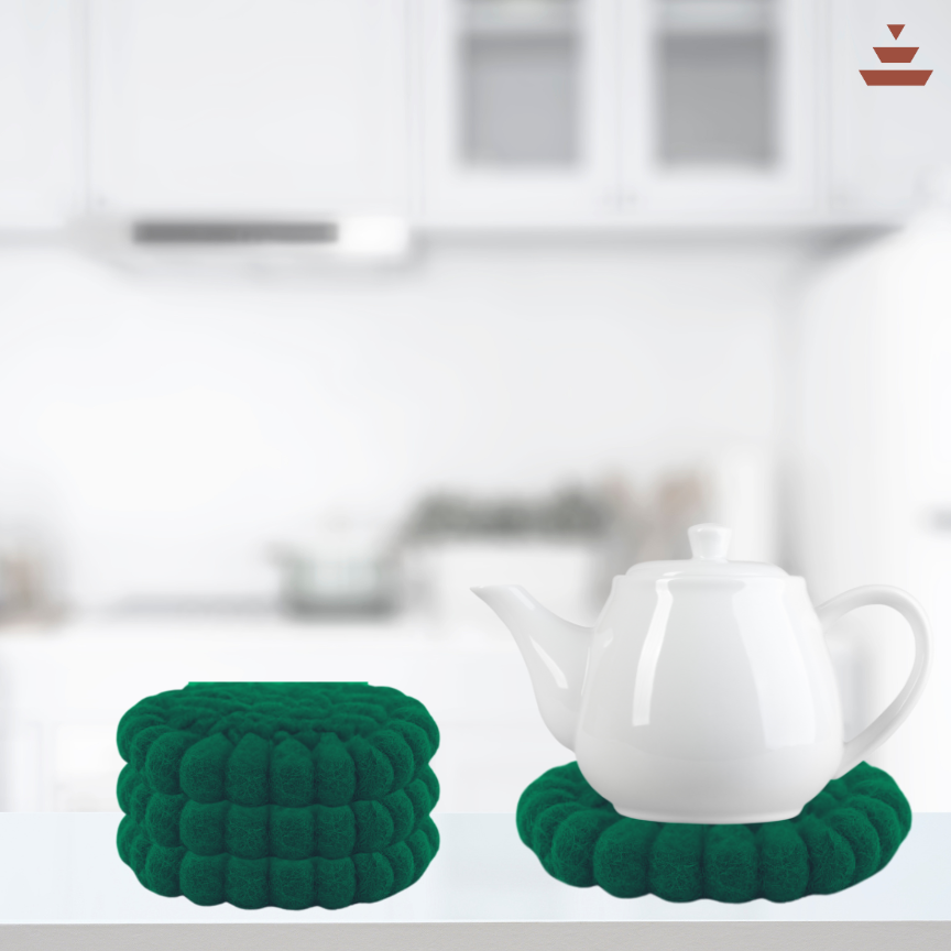 Forest Green Colour Handmade Trivets  -100% NZ Wool, Set of 3