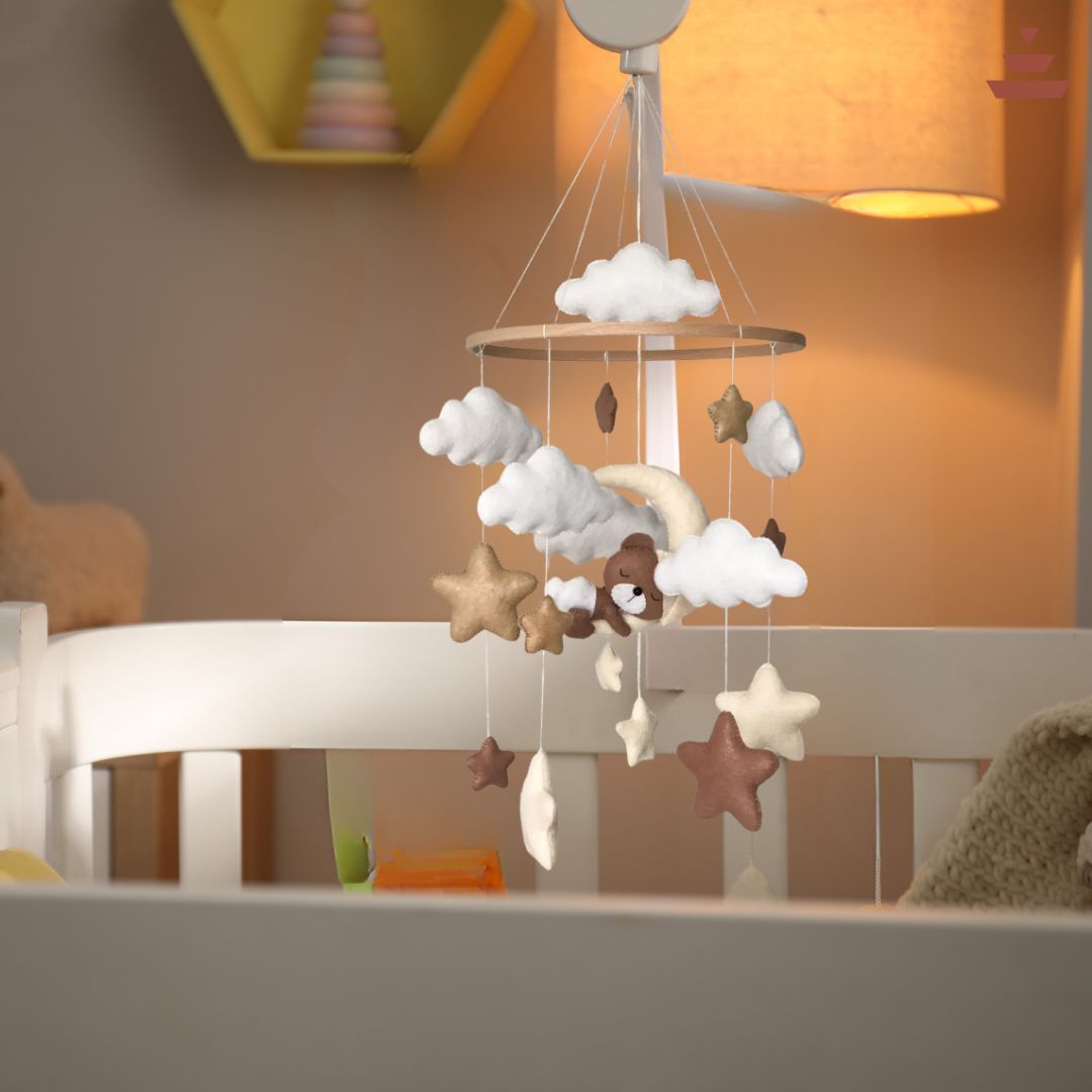 Felt Cloud, Moon Star & Teddy Hanging Mobile  – Handmade 100% New Zealand Wool